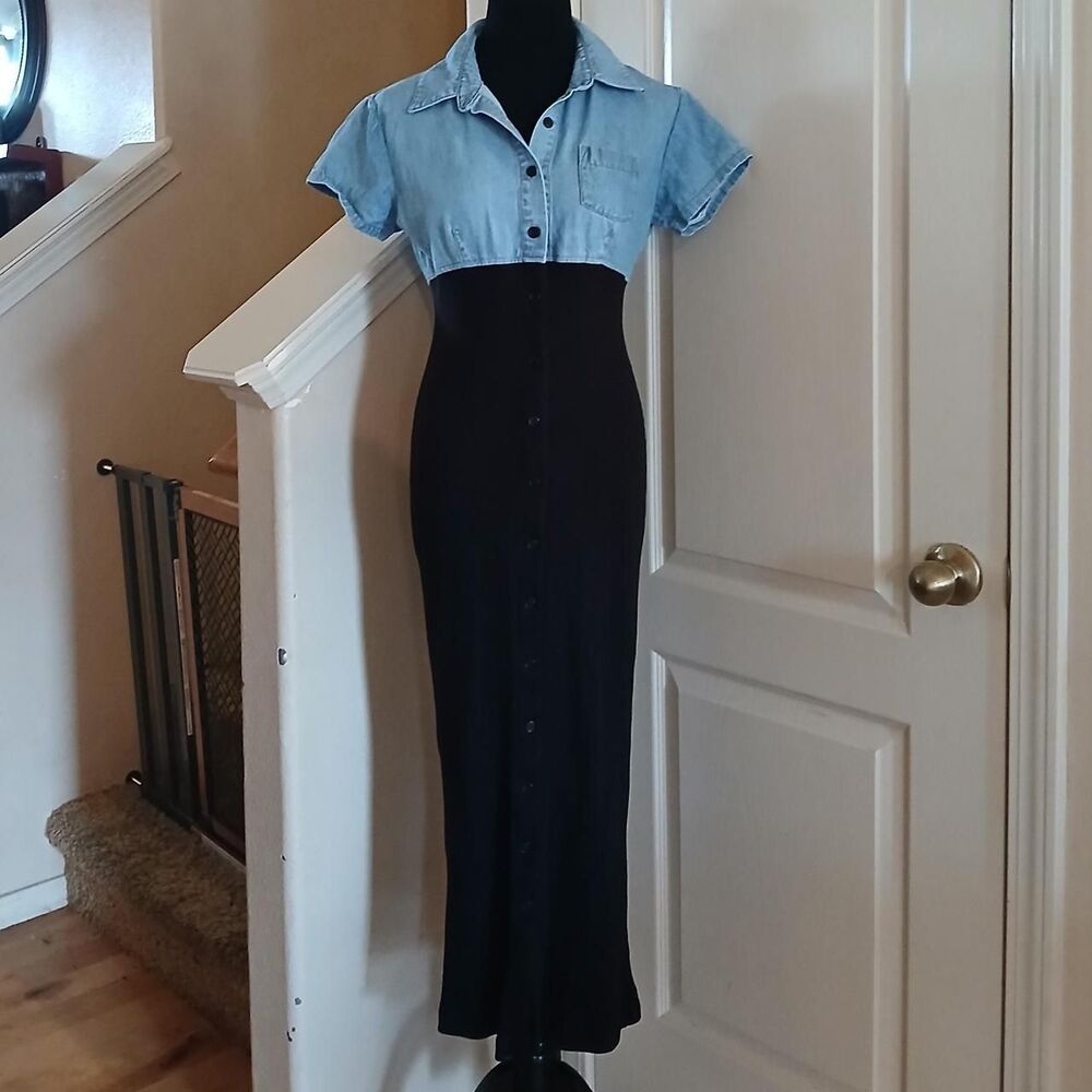 Y2K 90s Vintage Button Up Short Sleeve Maxi Dress Denim Top Ribbed Knit Skirt 9